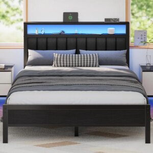 Full Size Bed Frame with Storage Space and  PU Leather Upholstered Bed Frame Platform, Easy Assembly, No Box Spring Needed