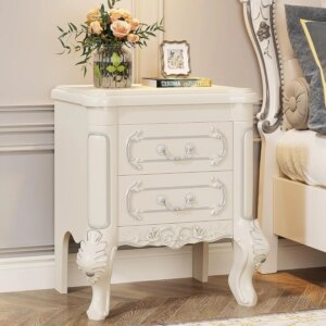 White Nightstand, End Table with 2 Drawers, Carved Bedside Tables, Side Table for Bedroom, Classic Bedroom Furniture