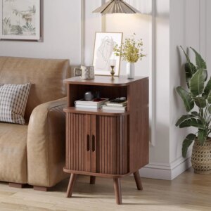 Fluted Nightstand, Mid Century Modern End Table with Sliding Tambour Doors, Wood Accent Side Table, Curved Round Edge Bedside St
