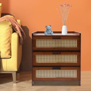 Modern Nightstand with 3 Drawers, Bamboo Accent End Table, Sofa Side Table, Bedside Table for Small Spaces (20kg Load Capacity)