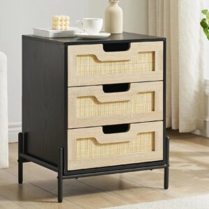 Rattan Nightstand for Apartments, 3 Natural Rattan Drawers Cabinet, Storage Shelves for Bedroom Living Room,Wooden End Tables