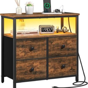 Night Stand with Charge Station, Nightstand with 4 Drawers Bedside Table, LED Dresser with Storage Shelf, Night Stands for Bedro