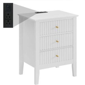 White Fluted Nightstand with with Charging Station and USB Ports, 24" H Bed Side Table Bedroom, 3 Drawers Side Table, Wavy Bedsi