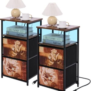 nightstand Set of 2 with Charging Station, LED BedsideTable w/USB Ports & Outlets,End Table w/2 Fabric Drawers and Open Shelf, B