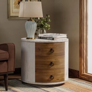 3 Drawer Chest of Drawers, 20 inch MDF Round Storage Cabinet, Retro Whitewash Finish Nightstand, Wood Bedside Table with Drawer