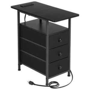 End Tables Living Room with Charging Station, Narrow Side Table with USB Ports and Outlets, Slim Nightstand with 3 Fabric Drawe