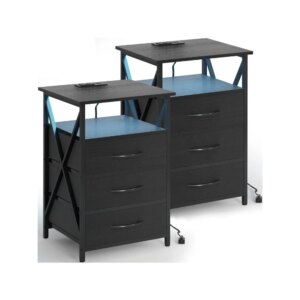 Nightstands Set of 2, LED Side Table with 3 Wooden Panel Fabric Drawers and Storage Shelf Nightstand with Charging Station