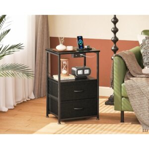 LED Nightstand Set of 2 with Charger Station & Outlet, USB Ports, Bed SideTable with Fabric Drawers and Open Shelf, Nightstand