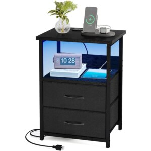 Night Stand with Charging Station, LED Nightstand with U-S-B Ports and Outlets, 2 Fabric Storage Drawers with PU Finish, Bedsid