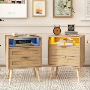 Rattan Nightstands Set of 2 with Charging Station and Led Lights, End Tables with 2 Drawers and Wood Legs