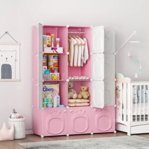 Kids Wardrobe Closet,Baby Closet Cabinet with Door.Baby Girls Armoires Organizer for Bedroom.Two Open Hanging Children Costume