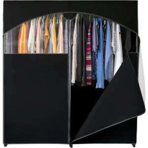 HOLDN’ STORAGE Portable Wardrobe Closet, Large - Premium Heavy Duty Metal Hanging Rod with Black Cover- 50 Lb. Weight Capacity-