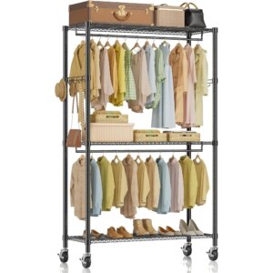 Rolling Clothes Rack, Heavy Duty Clothing Rack 3-Shelf Portable Adjustable Wardrobe Closet with Wheels Hanging Rods & Side Hooks
