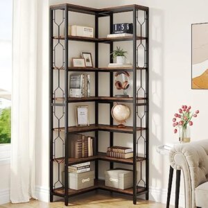 Corner Shelf, 7-Tier Industrial Corner Bookshelf, Freestanding Display Shelf for Living Room, Kitchen, Home Office, Dark Brown