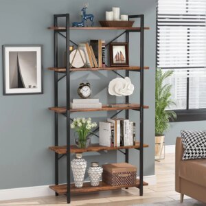 5 Tier Bookshelf, Industrial Etagere Bookcase with Metal Frame, Rustic Tall Book Shelf Unit for Living Room (1, Rustic)