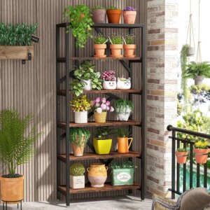 71 Inch Industrial Bookshelf, 6 Shelf Etagere Bookcase, Wood Shelving Units Organizer Rack for Bedroom Home Office Living Room
