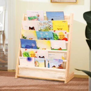 6-Tier Kids Bookshelf | Pine Wood Floor Standing Bookcase, White/Log Color, 753079cm