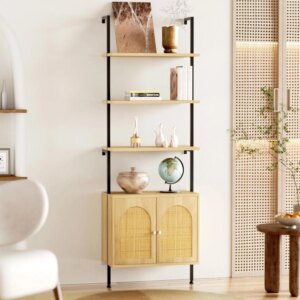 Vabches Ladder Bookshelf with Rattan Storage Cabinet 71'' 3-Tier Bookcase with Metal Frame Wall Mount Bookshelf for Home Office