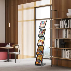 5 Pockets Brochure Display Stand Foldable Magazine Rack Holder BookShelf DVDs Journal Display Rack for Office Retail Store