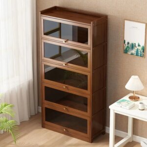 Modern Bamboo Bookshelf Storage Cabinet with Flip Doors 4/5/6 Tier Bookcase for Living Room Bedroom Office