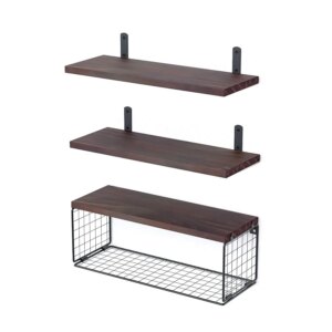 2 in 1 Floating Shelves Wall Mounted with Storage Basket Bathroom ShelvesOver Toilet ,Wooden Shelves