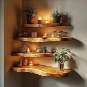 Live Edge Floating Wall Shelf, Solid Wood, Corner Mounted, Natural Wood Grain (32" W X 8" D X 1.5" (Inches))