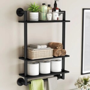 Bathroom Shelves Wall Mounted, 3 Tier Towel Racks with Towel Bar, 26in Stainless Steel Industrial Floating Pipe Shelves Over Toi