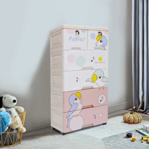 Bymaocar 5-Layer Multi-color Drawers Cartoon Dresser Storage Organizer Cabinet Plastic Free Standing  6 Drawers w/ Lock & Wheels
