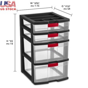 4 Drawer Locking Tower Plastic Storage Organizer with Clear Drawers Divided Top Easy Pull Handles Ideal Home Office Craft Room