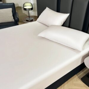 Silky Elastic Fitted Sheet Set,Shiny Solid White Bed Linens,Soft Bamboo Lyocell Fiber Mattress Cover+Pillowcase for 1.5m Bed 3pc
