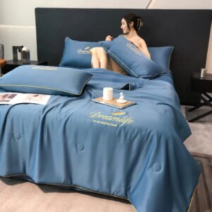 Summer Embroidery Ice Silk Quilt Comforter Paired Duvet Cover Couples Double Bed Linen 1pc or 3pc Set 150*200cm 180*220 200*230