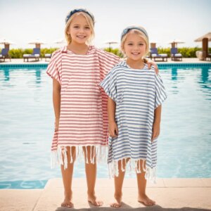 Children striped Wearable Bath Towel Absorbent Hooded Beach Towel Holiday Beach Casual Bathrobe Kids Boys Girls