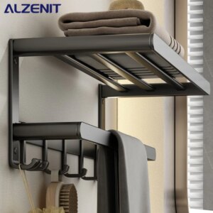 Matte Black Towel Rack Bathroom Towel Rod Toilet Brush Space Aluminum Wall Mount Storage Shelf Bathroom Holder Set Accessories