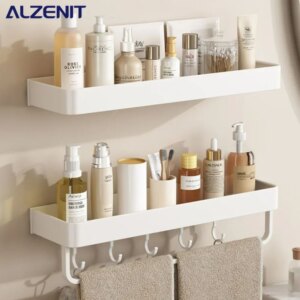 Bathroom Accessory Shelf Cream Kitchen Organizer Wall Mounted Shower with Hooks and Rod Toilet Shower Gel Collection Holder