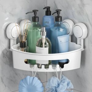 Corner Shower Caddy with Suction Cups Wall Mounted Organizer Plastic Rack for Small Bathrooms Kitchen Removable DrillFree Heavy