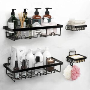 4 Pack Shower Caddy Organizer Stainless Steel Shower Shelf with Hooks Adhesive Bathroom Shelves for Storage and Organization