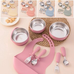 Color Kids 8PCS Stainless Steel Silicone Baby Feeding Set With Detachable Bowl Bib Safe BPA Free Infant Tableware For Training