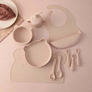 Color Kids 10PCS Soft Silicone Baby Feeding Set Suction Bowl Plate Bib Cup Utensils Waterproof Placemat Toddler Tableware Kit