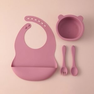 4PCS Silicone Baby Feeding Set Sucker Bowl Spoon Fork Tableware With Waterproof Bibs Soft Dish For Kids Mealtime Essentials