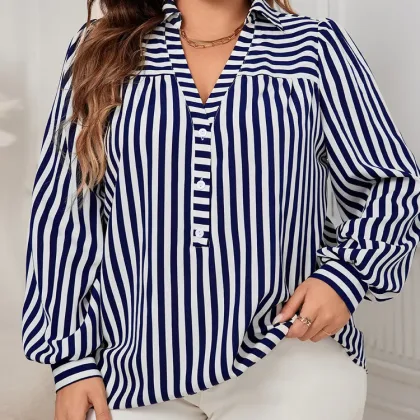 GIBSIE Plus Size Blue And White Striped Shirt Woemn Autumn New Polo Collar Long Sleeve Button Front Casual Loose Blouses Tops
