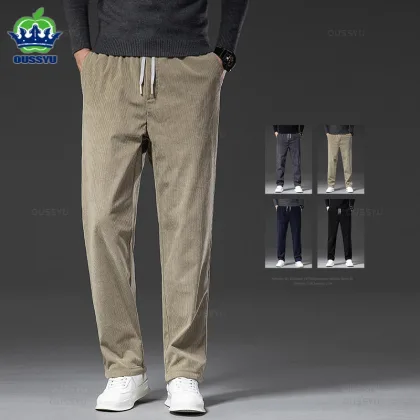 Four Seasons Men's Corduroy Casual Pants Elastic Waist Business Fashion Straight Loose Trousers Male Black Khaki Blue M-5XL