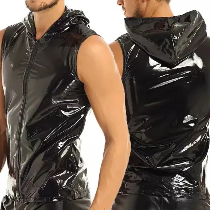 Men PVC Hoodies Tank Tops PU Leather Zipper Sleeveless Latex Hooded Shirts Vest Sexy Party Clubwear Fitness T-shirts Streetwear