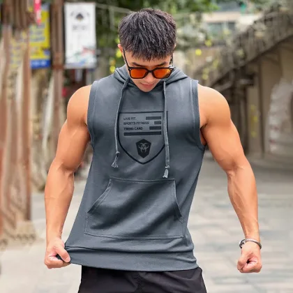 Hooded Print Cotton Gyms Clothing Mens Bodybuilding Tank Top Sleeveless Vest Sweatshirt Fitness Workout Sportswear Tops Male