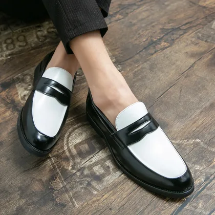 Luxury Brand Black and White Colorblock Loafers Men Slip-On Classic Style Casual Leather Shoes Thick Sole High Quality Moccasin