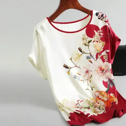 Plus Size Women Silk Satin Blouses Spring Summer Floral Printing Blouse Female Fashion Shirt Tops