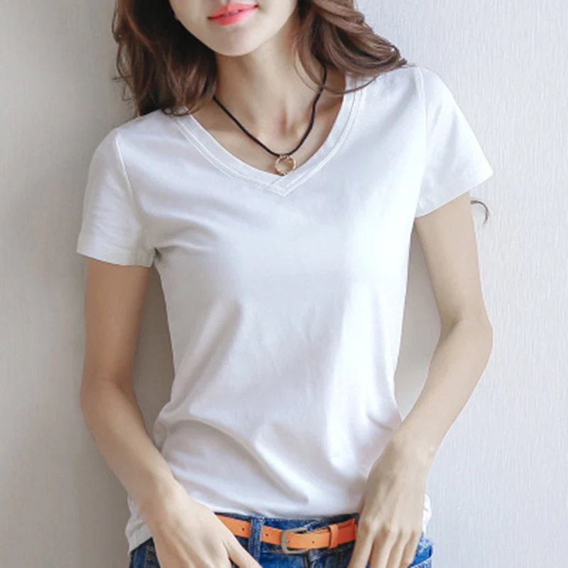2024 Short T-Shirts Summer Women's Short Sleeve Round Neck Casual Blouse Shirts Solid Color Tops Black / White