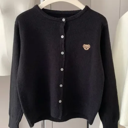 Yaminiya Autumn 2024 O-Neck Knit Sweater Sweet Cartoon Embroidery Casual Tops Japanese Fashion Single Breasted Cardigan Harajuku