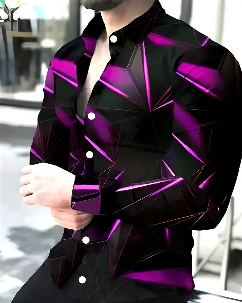 Fashion Men's Long Sleeves Shirts 3D Geometric Print Men's Casual Buttoned Long Sleeve Shirts Men's Spring Autumn Men's Tops