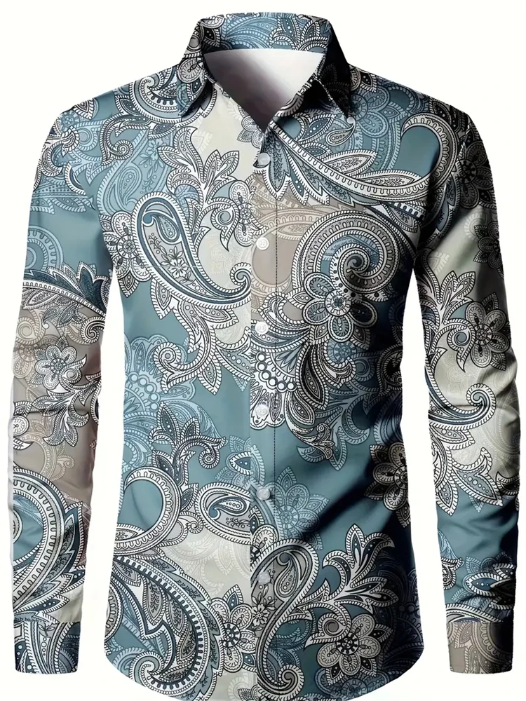 Men Retro Cashew Flower Shirt Exquisite Printing Long Sleeve Button Down Shirt Fashion Casual Lapel Cardigan Jacket Office Shirt