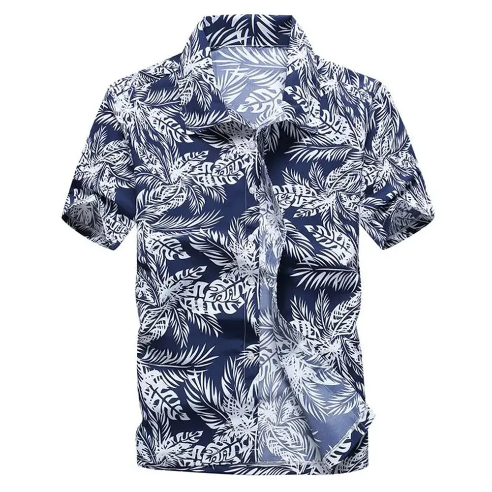 Summer Breathable Hawaiian Shirts Men Coconut Tree Printed Short Sleeve Button Down Vacation Plus Size
